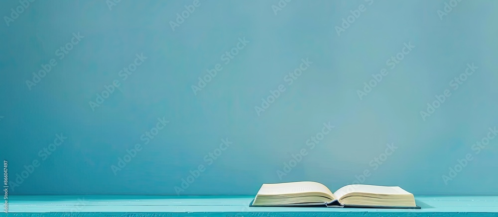 Poster Book on the table in creative decoration with blue background. with copy space image. Place for adding text or design