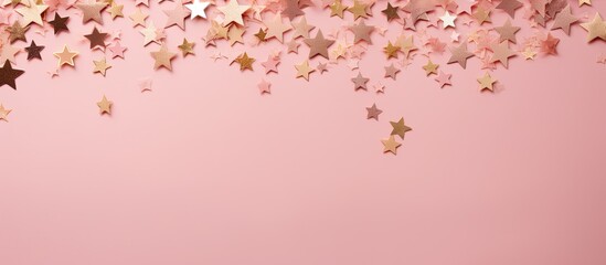 A pink background decorated with numerous lovely golden stars in a flat lay arrangement, leaving space for adding text or other elements within the image. with copy space image