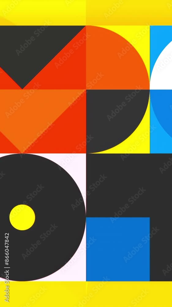 Poster bright yellow background with geometric moving figures, seamless loop. motion. square with flat movi