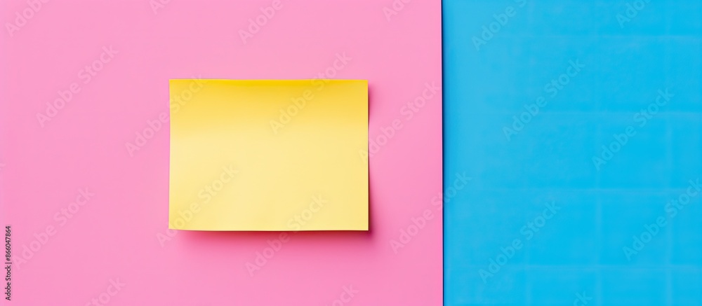 Aufkleber Pink note paper and yellow sticky notes on a blue background, providing a top view for a flat lay composition with ample copy space image.