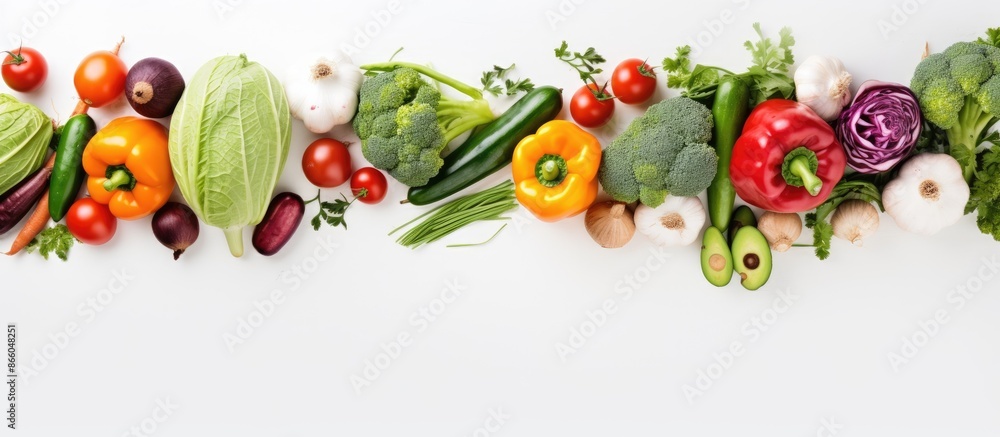 Poster top-down view of fresh vegetables on a white table background, creating a composition with copy spac