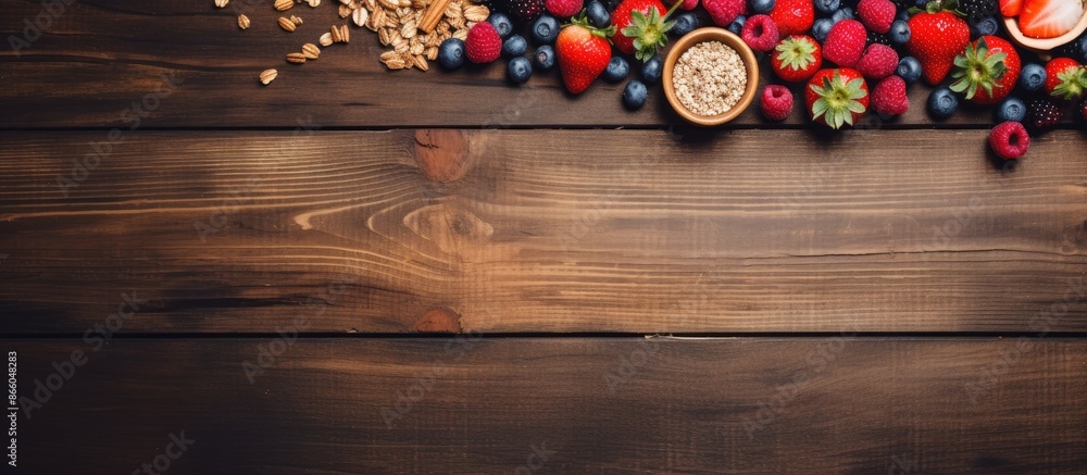 Leinwandbilder wooden background showcases a flat lay image featuring homemade granola topped with various berries 