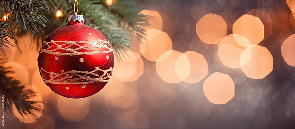 Poster Close-up of a red Christmas ornament on a green tree branch with string lights in the background for a winter holidays greeting card and copy space image.