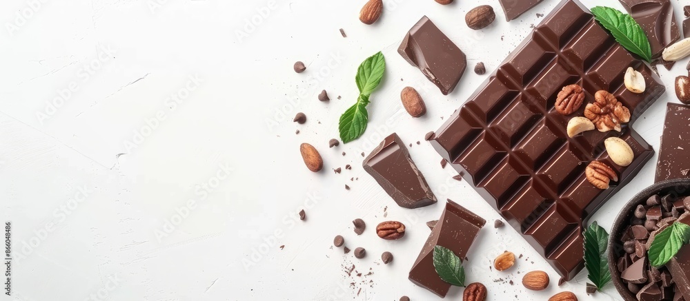Poster dark and milk chocolate isolated. handmade chocolate with nuts. chocolate bars on a white background