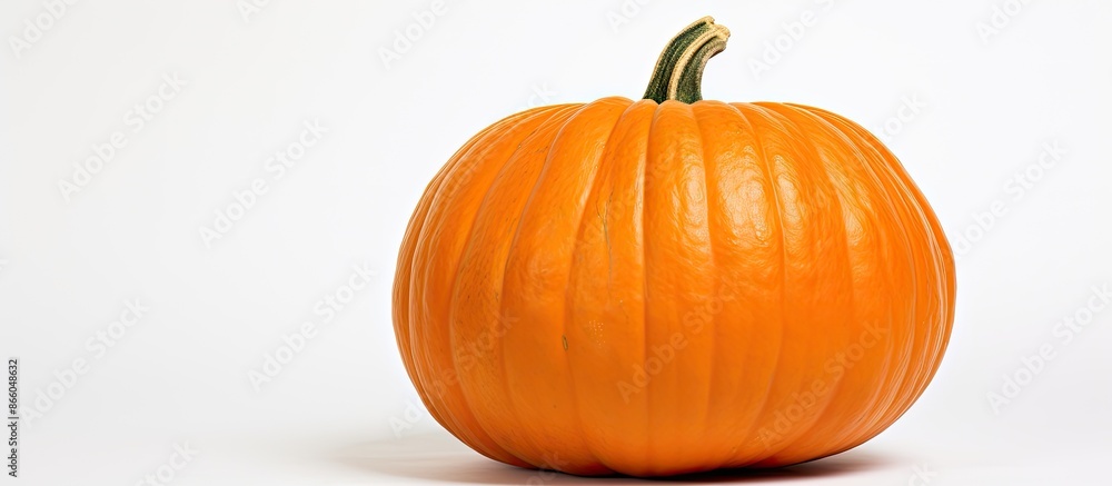 Poster close-up shot of an orange pumpkin against a white backdrop with ample copy space image.