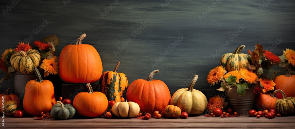 Poster fall-themed backdrop with pumpkins in shades of orange set on a dark table, ideal as a background fo