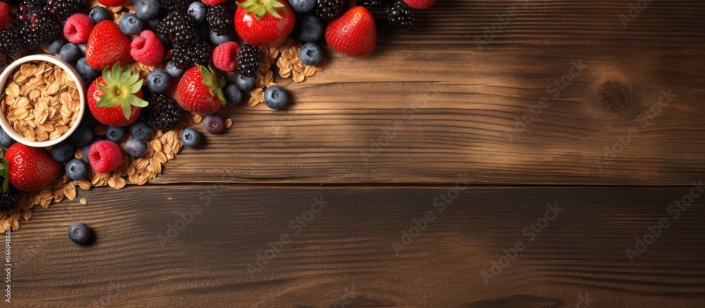 Leinwandbilder wooden background showcases a flat lay image featuring homemade granola topped with various berries 