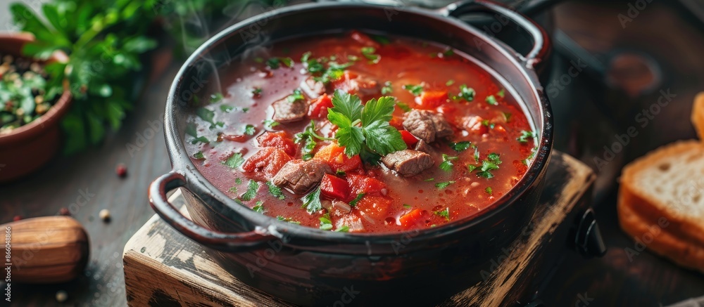 Aufkleber Beef Soup - fresh borscht in a pot- sitting on the stove. with copy space image. Place for adding text or design