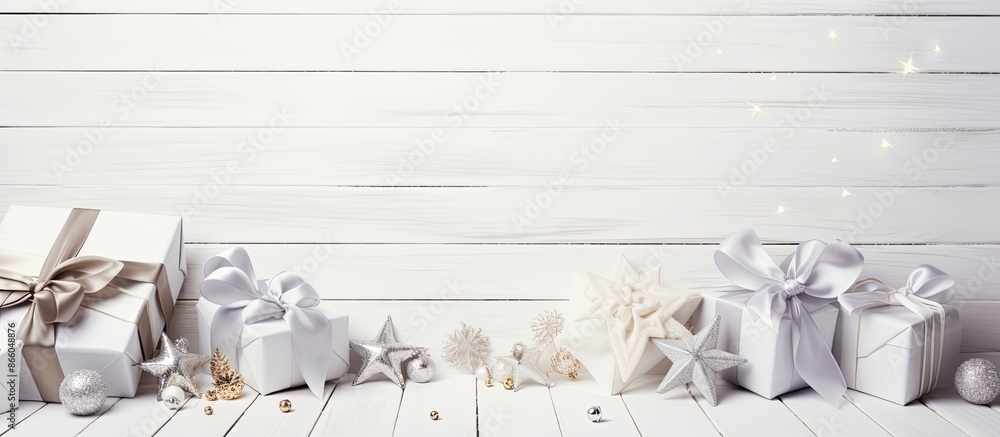 Poster white wooden background with gift boxes and ample space for writing your message, including a large 