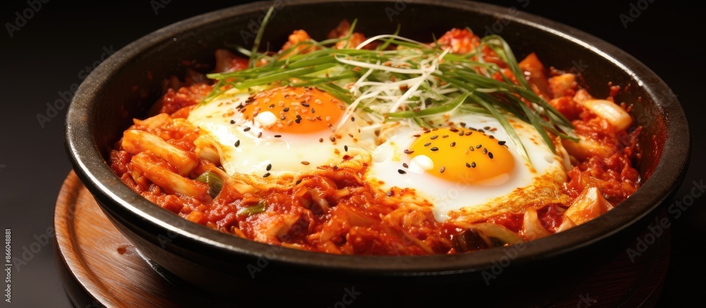 Poster delicious korean dish known as kimchi porridge. with copy space image. place for adding text or desi