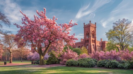 Blossoming pink saucer magnolia trees adorn the grounds of the iconic Smithsonian Castle, creating a vibrant spectacle.