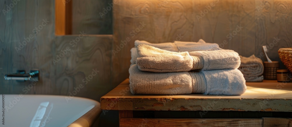 Aufkleber towels in bathroom. with copy space image. Place for adding text or design