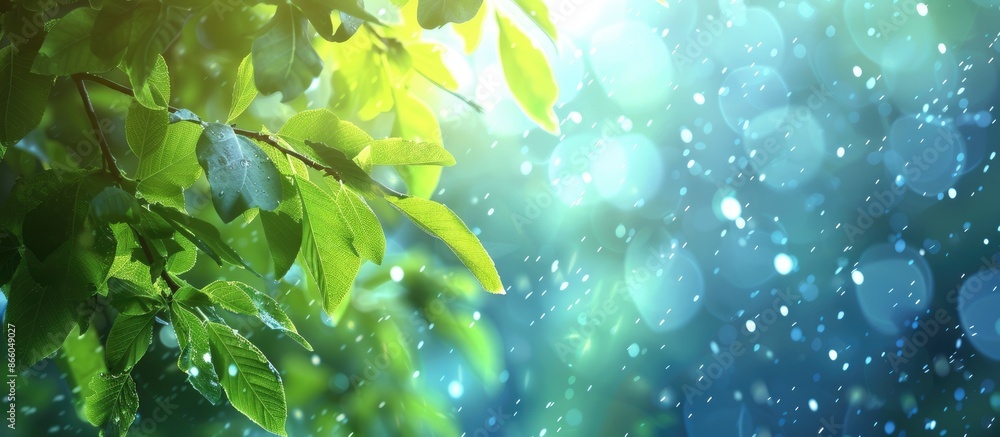 Poster blurry abstract summer background featuring blue and green hues with bokeh effect, ideal as cover pa