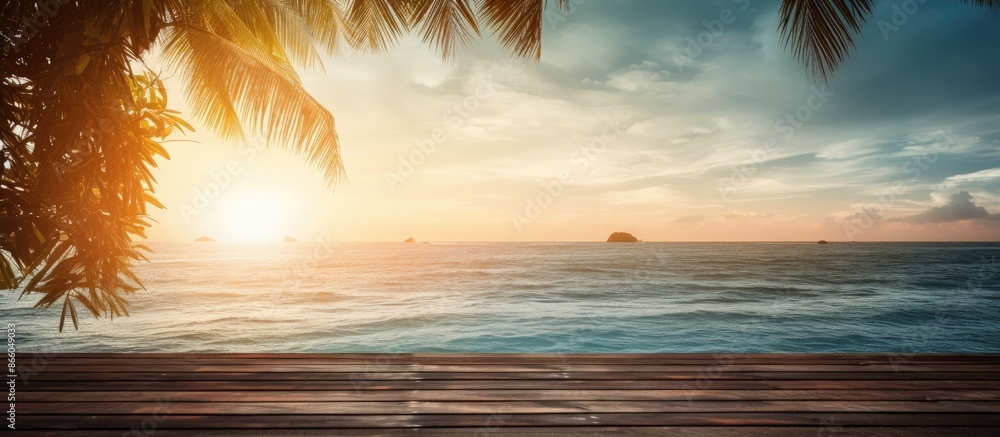 Poster abstract tropical beach with sunlight, wooden table for montage with a spacious image section. repre