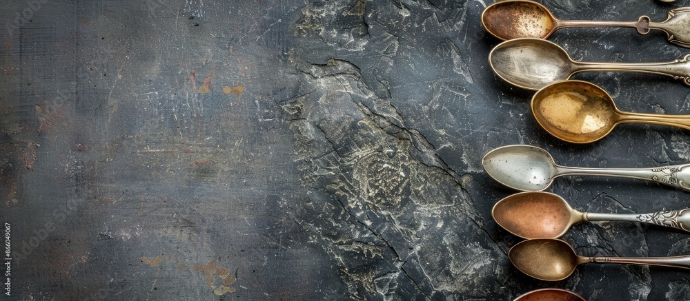 Poster vintage spoons displayed on a stone table from above, creating a layout with a copy space image.