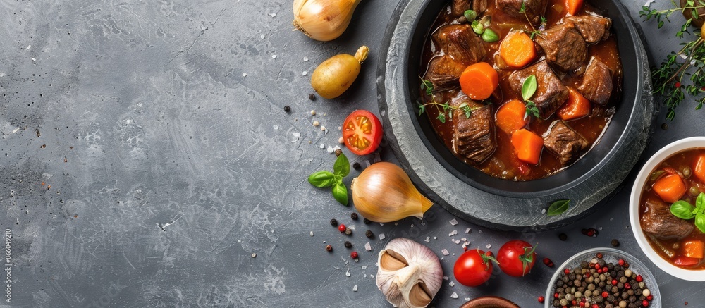 Poster vegetables accompany a beef bourguignon stew on a grey backdrop highlighting a copy space image.