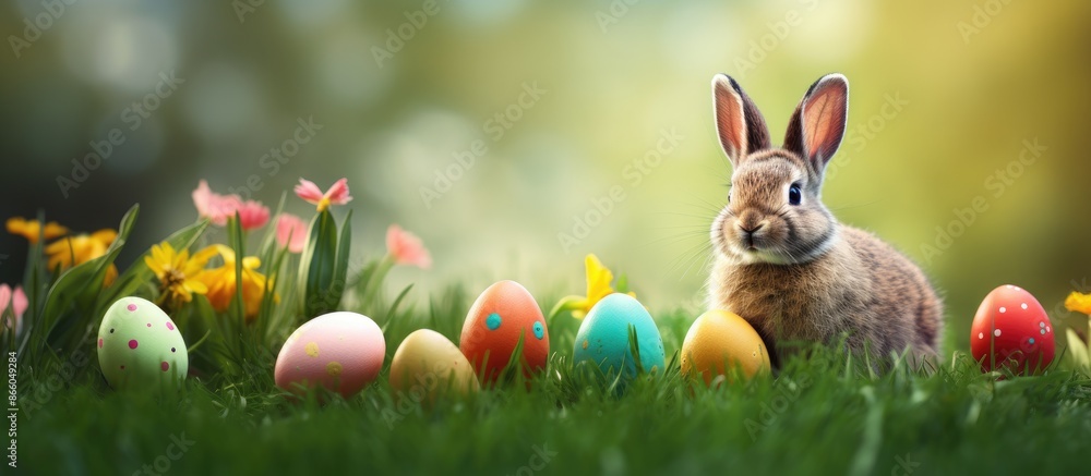 Poster easter eggs with vibrant colors resting next to a bunny on a lush green grass backdrop, with copy sp