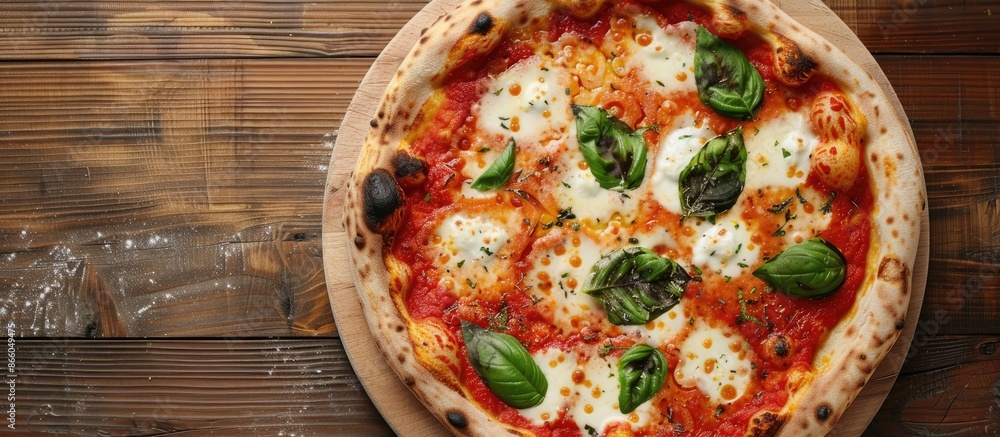 Aufkleber Top-down view of a Pizza Margherita displayed on a wooden surface, with ample copy space available in the image.