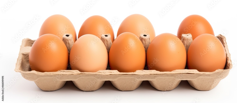 Fototapete Hen eggs in a paper container, isolated on a white background with a blank space for text or images. with copy space image. Place for adding text or design