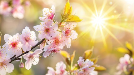 Fototapeta premium Blossoming sakura branches in full bloom against a sunny backdrop. A picturesque spring scene highlighting the beauty of nature during cherry blossom season in Japan.
