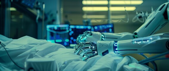 future robotic arms performing automated medical health care operation for future precision...