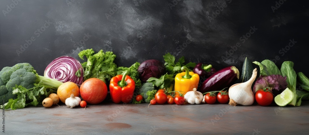 Wall mural An array of fresh organic veggies on a rustic grey stone table top, perfect for a vegetarian food background with a focus on health, diet, and nutrition, providing ample copy space image.