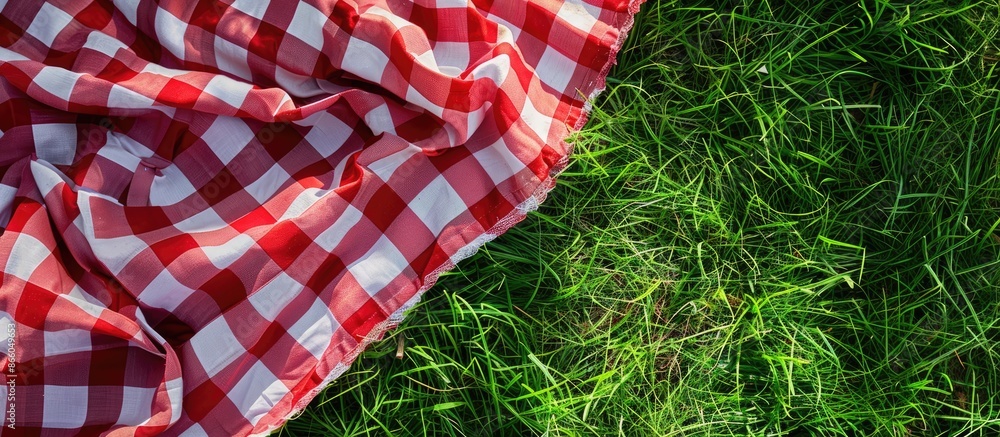 Poster red picnic cloth towel on green grass,gingham tablecloth outdoors plaid on the ground empty copy spa