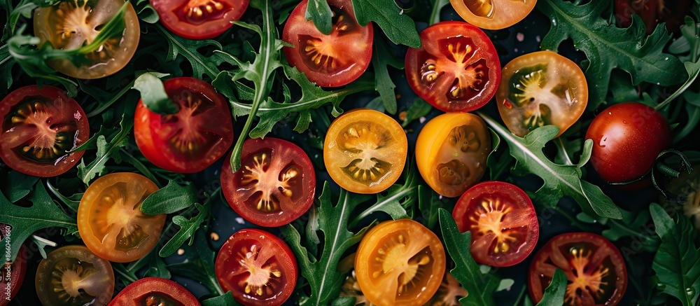 Aufkleber an aerial view of a mix of various tomatoes with arugula leaves, creating a fresh and healthy summer