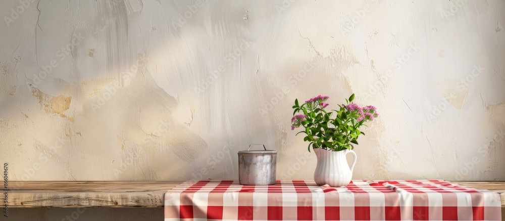 Poster kitchen place and tablecloth and kitchen desk . with copy space image. place for adding text or desi