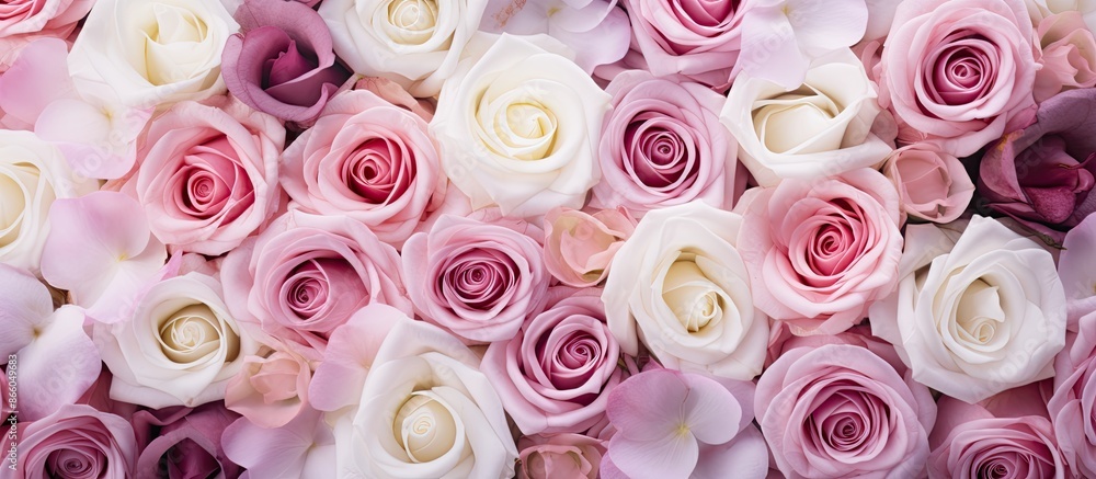 Leinwandbilder Close-up shot of pink and white roses with a blank area for text or image insertion. with copy space image. Place for adding text or design