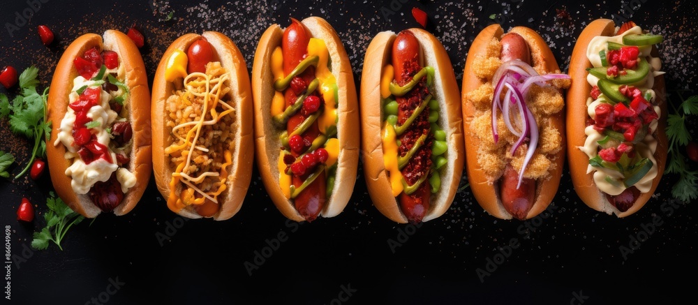 Aufkleber Top view of various hot dogs with different toppings on a dark background, creating a food-themed image with space for text. Fast food concept. with copy space image. Place for adding text or design