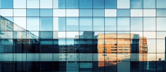 Fototapeta premium Modern building facade with glass walls, offering an abstract closeup view with reflective surfaces, providing copy space image.