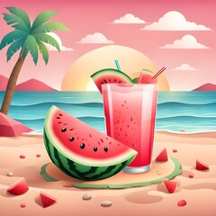 
Gradient ferragosto illustration with watermelon slice and drink on the beach