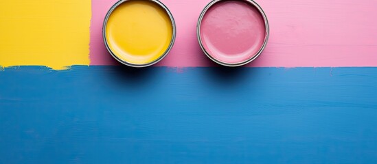 Arrange a visual concept showcasing paint cans in blue, yellow, and pink against a tricolor backdrop. Positioned from above, offering copy space image.