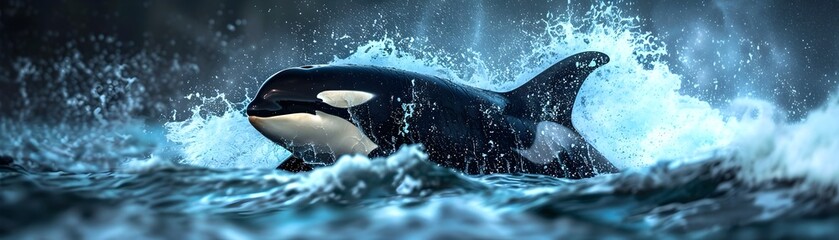 Majestic Orca Emerging from Dramatic Ocean Waves Powerful Presence in Aquatic Environment