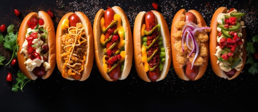 Top view of various hot dogs with different toppings on a dark background, creating a food-themed image with space for text. Fast food concept. with copy space image. Place for adding text or design
