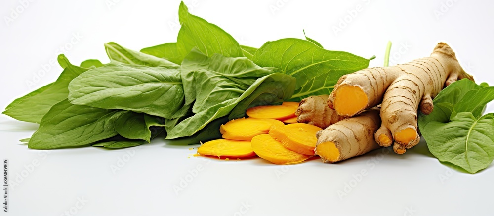 Aufkleber White background featuring Turmeric, Curcuma with leaf isolated for a copy space image.