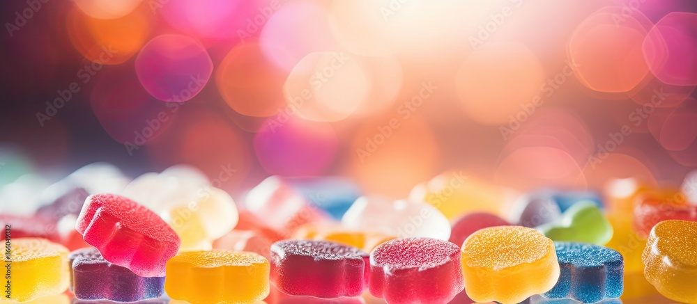 Poster vibrant jelly candies on sugary background for confectionery wallpaper concept with copy space image