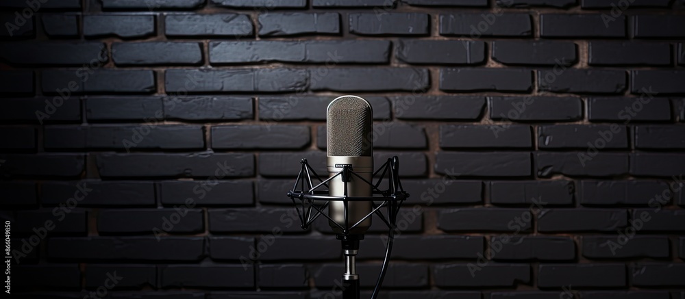 Poster Microphone on stand with pop shield in front. Studio features noise cancelling black wall and copy space image.