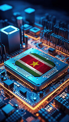 Obraz premium The Suriname flag embedded on a powerful CPU, symbolizing leadership in technological innovation and digital advancement