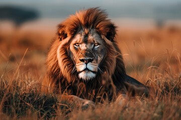 Fototapeta premium Lion in Grass. Majestic Safari King Resting in African Savanna Landscape