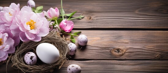 Celebrate Easter with a nest of eggs and flowers on a wooden backdrop, perfect for a copy space image.