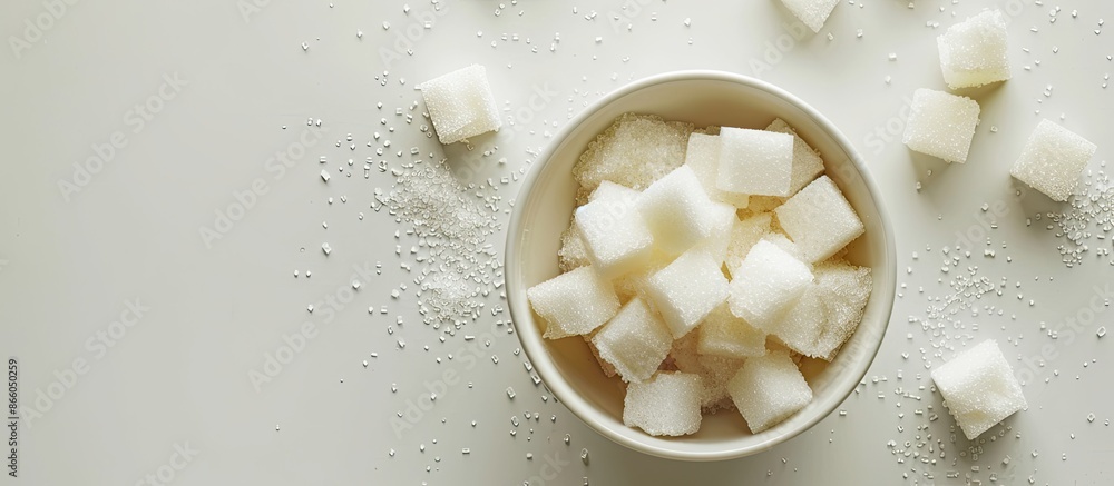 Poster Granulated sugar and sugar cubes in a bowl on a white background with copy space image.
