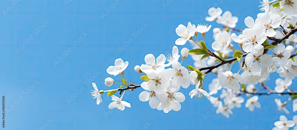 Poster scenic view of fruit tree blossoms set against a clear blue sky, ideal for backgrounds with copy spa