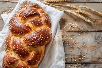 Freshly Baked Challah Bread. Traditional Braided Loaf with Sesame Seeds
