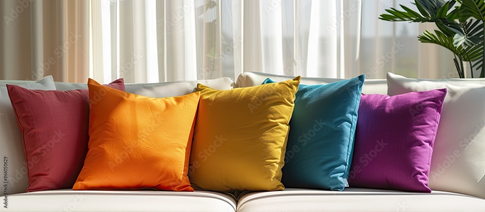 Poster Another color pillows on a sofa. with copy space image. Place for adding text or design