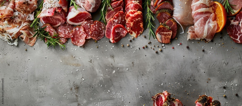 Aufkleber Various uncooked meats displayed on a gray surface, creating a panoramic banner with room for a copy space image.