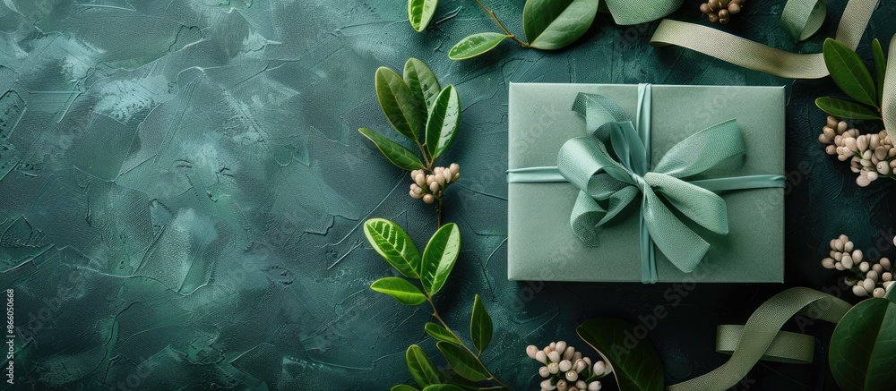 Aufkleber an eco-friendly gift box adorned with a ribbon set against a copy space image.