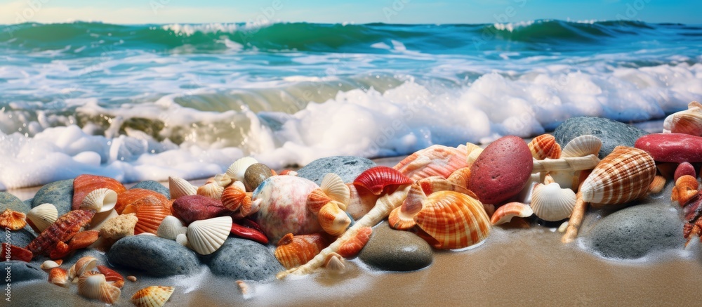 Aufkleber vibrantly colored seashells displayed on big coastal rocks with splashing waves, ideal for a copy sp