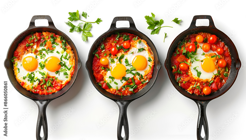 Wall mural Delicious shakshuka in frying pans isolated on white, set with top and side views - Wall murals